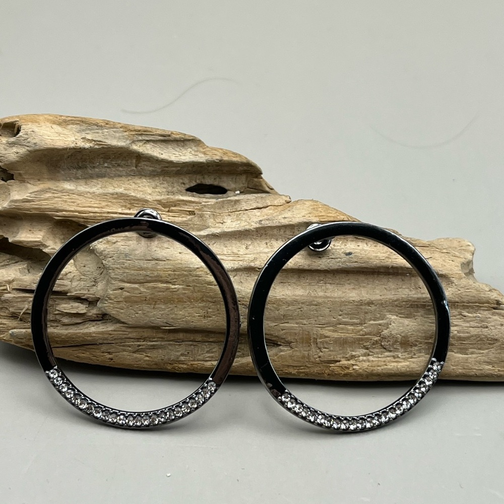 Elegant Black and Crystal Hoop Stud Earrings